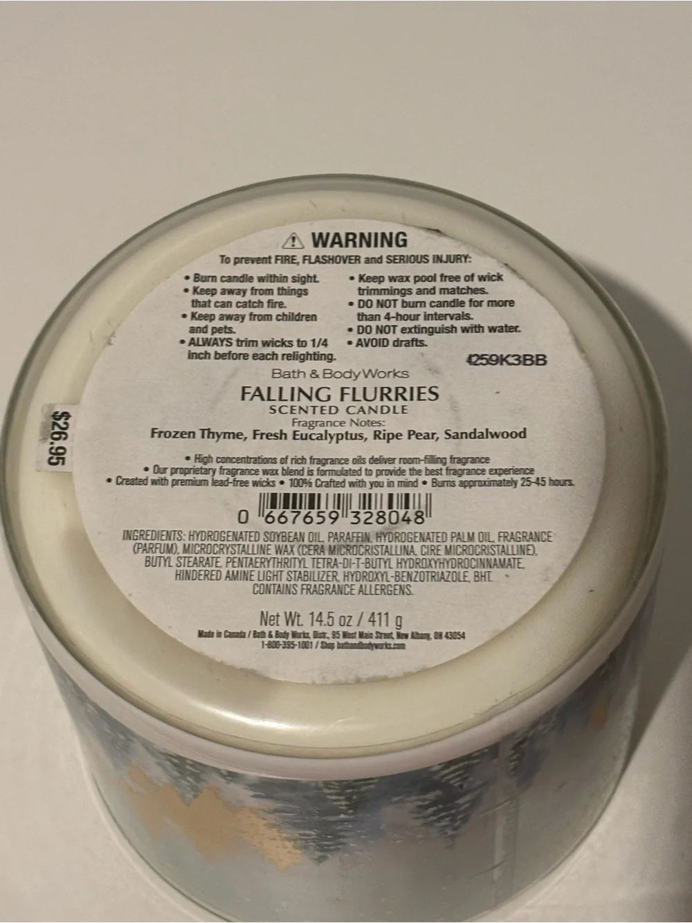 Bath & Body Works Falling Flurries Candle - Blue, Gold, White